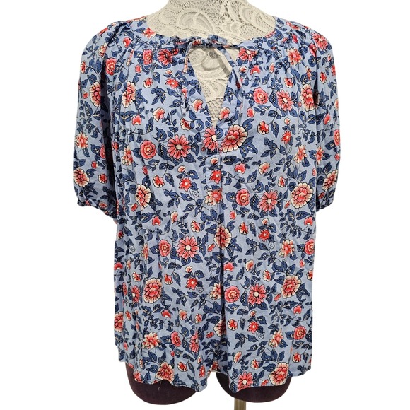 LOFT Tops - LOFT Women's Floral Print Tie Neck Blouse Top Blue Pink Size L